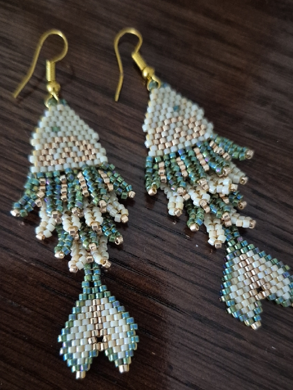 Handmade Green and Cream Seed Bead Fringe Earrings - Picture 3 of 3